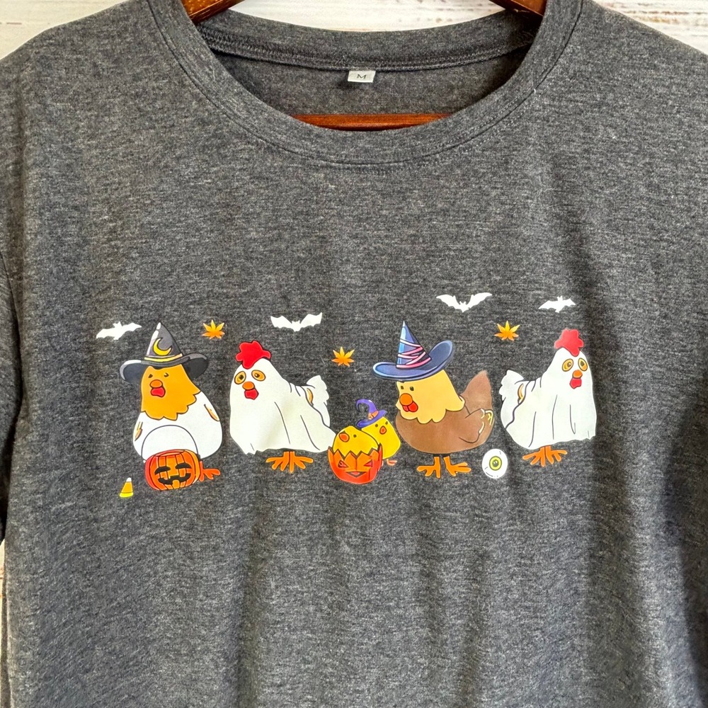 T-Shirt Halloween Chicken Graphic M Charcoal Heather Cotton Blend Bats Witch